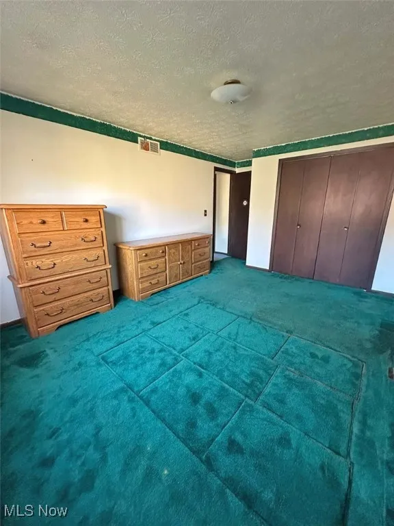 Unfurnished bedroom featuring a textured ceiling, carpet, and a closet