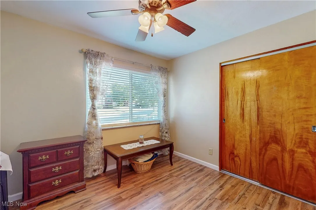 Office space featuring light wood-type flooring and ceiling fan