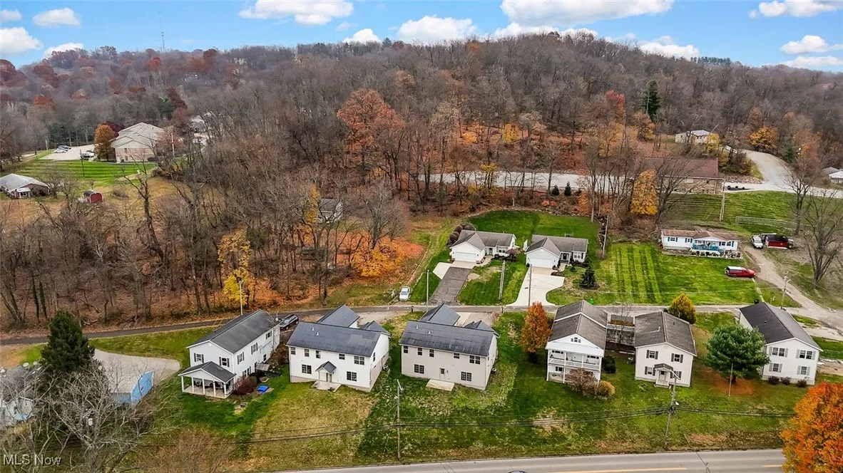 Aerial perspective of suburban area with a forest