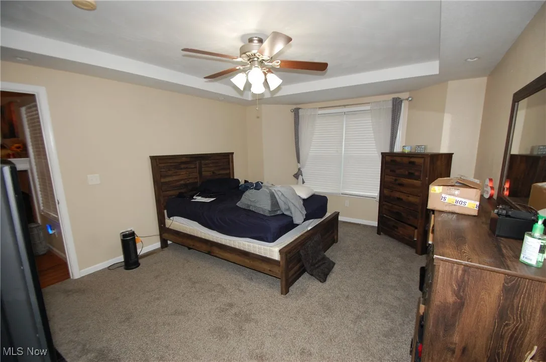 Carpeted bedroom featuring a raised ceiling and ceiling fan