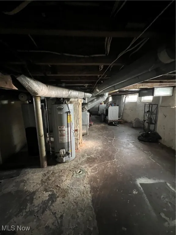 Basement featuring water heater and washer / dryer