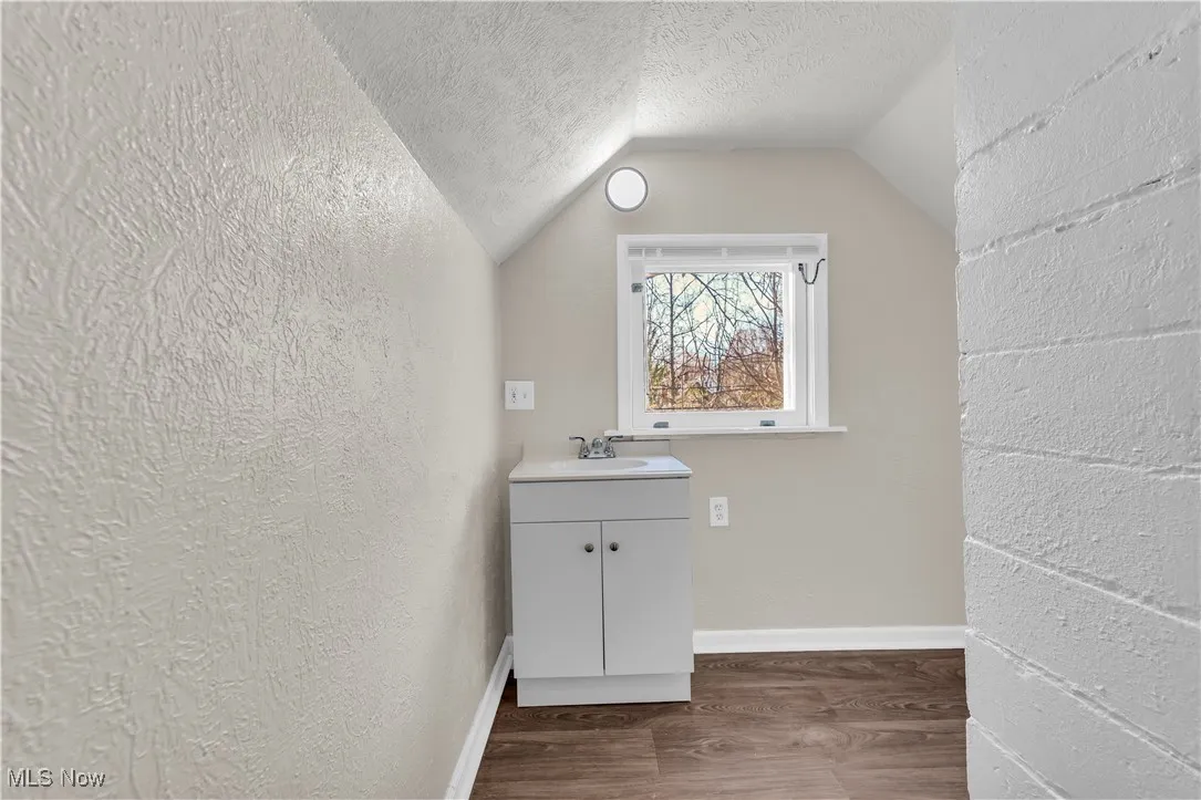 Bathroom featuring dark wood-style flooring, vanity, a textured ceiling, lofted ceiling, and a textured wall