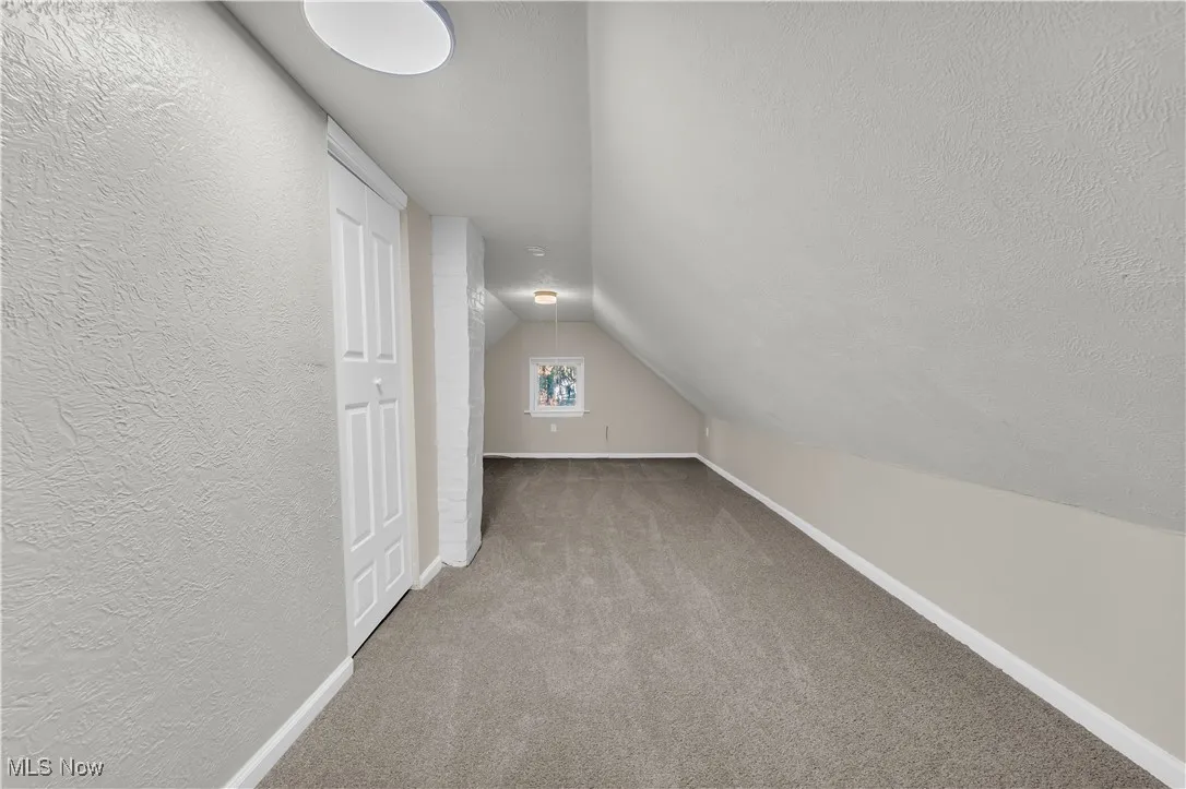 Bonus room featuring light colored carpet, vaulted ceiling, a textured ceiling, and a textured wall