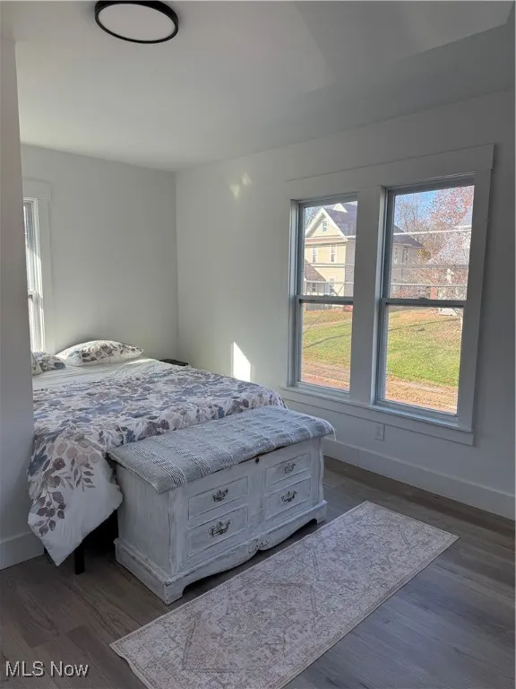 Bedroom with dark wood-type flooring and multiple windows