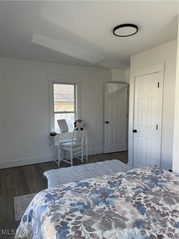 Bedroom featuring wood finished floors and a closet