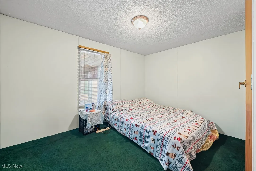 Carpeted bedroom featuring a textured ceiling