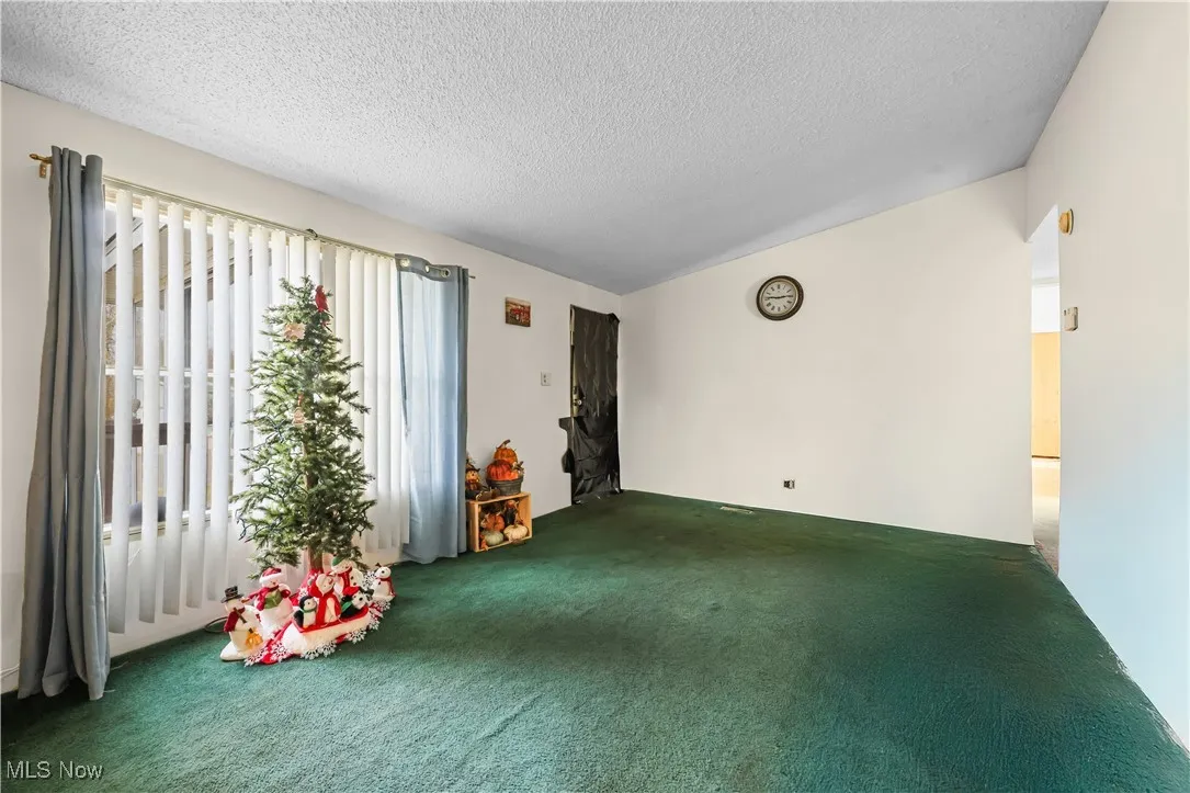 Carpeted empty room featuring a textured ceiling