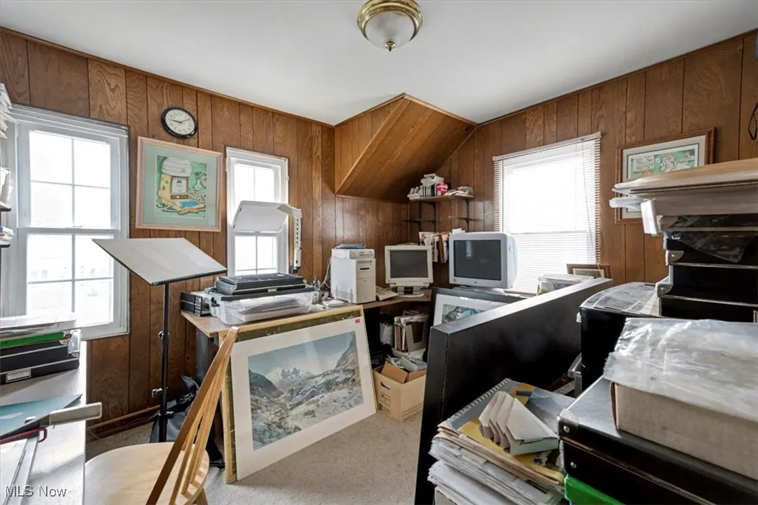Home office featuring wood walls and light colored carpet