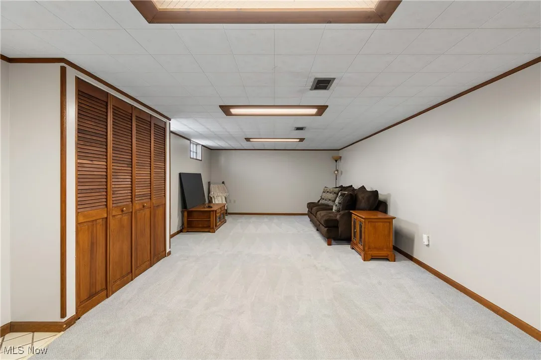 Below grade area featuring crown molding and light colored carpet