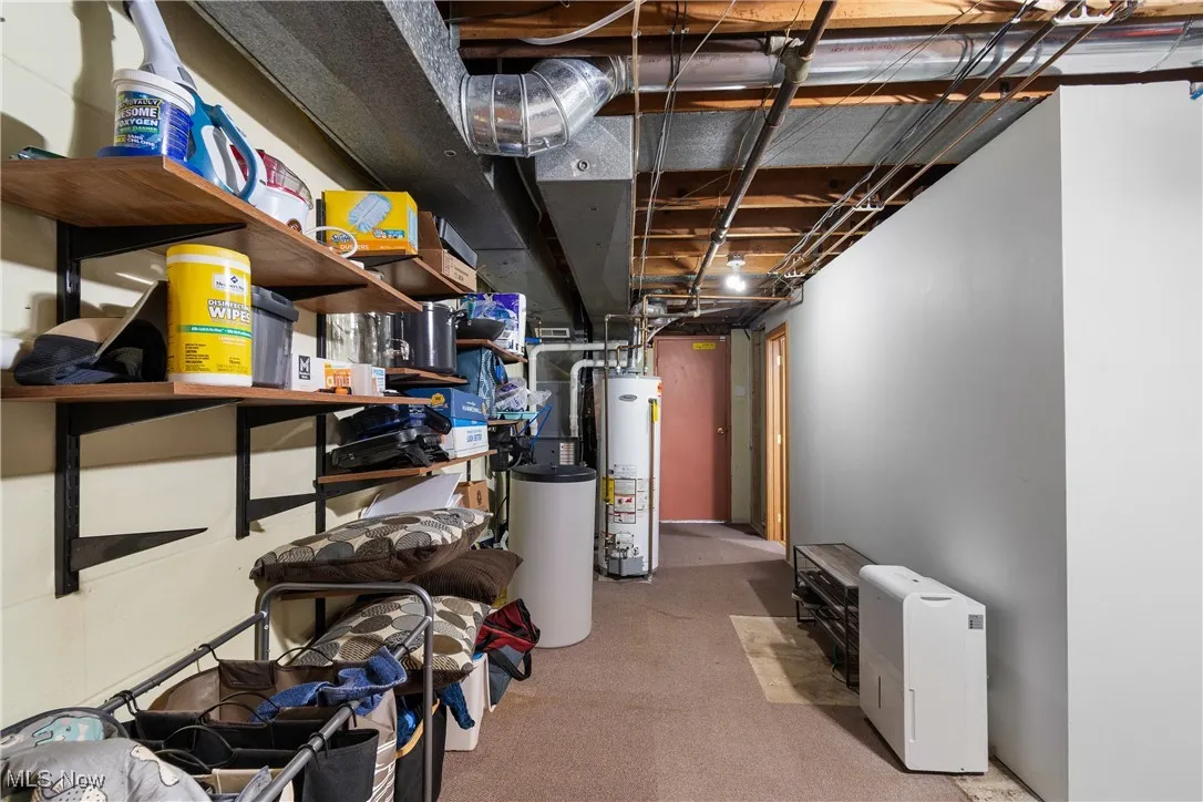 Unfinished basement featuring water heater