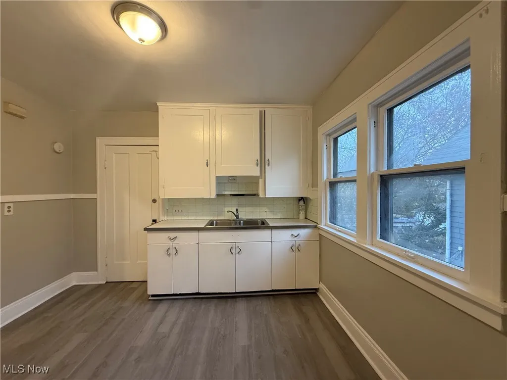 Kitchen with white cabinetry, decorative backsplash, and dark wood finished floors
