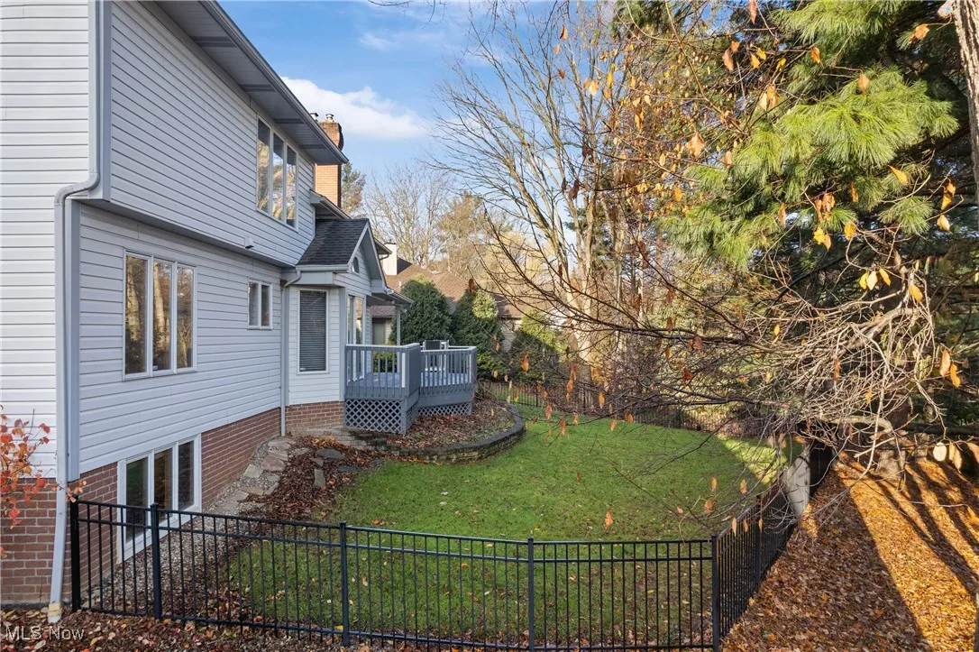 Fenced backyard featuring a wooden deck