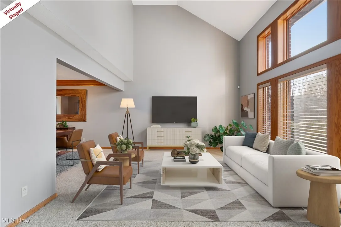 Living area featuring high vaulted ceiling and light colored carpet