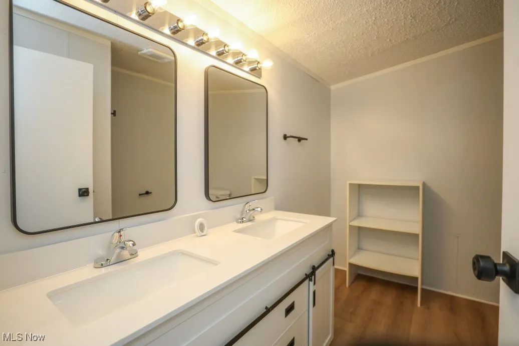 Bathroom with a textured ceiling, double vanity, crown molding, and dark wood-style floors