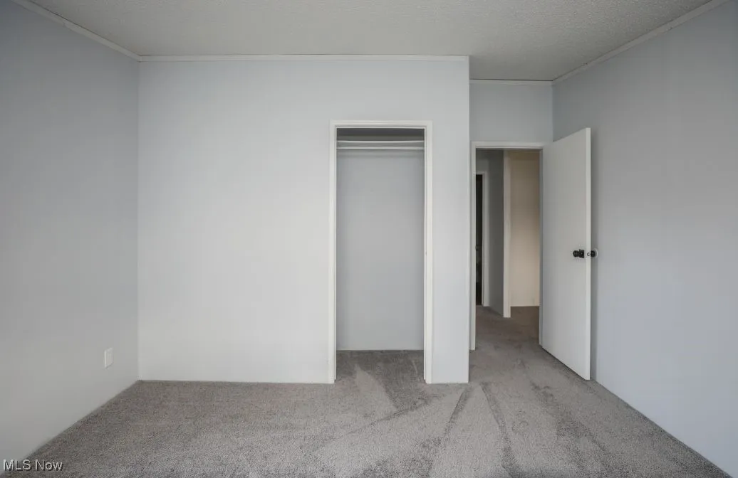 Unfurnished bedroom with ornamental molding, light carpet, a closet, and a textured ceiling