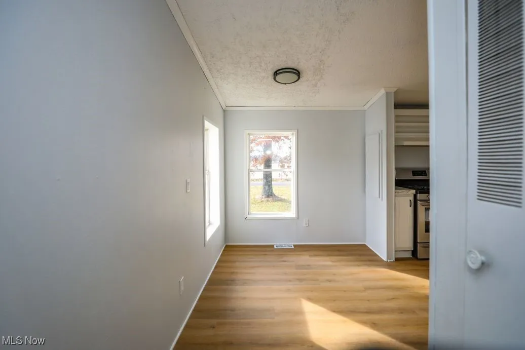 Hall featuring ornamental molding, a textured ceiling, light wood finished floors, and a heating unit