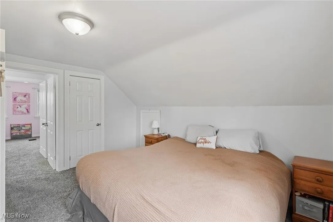 Bedroom with carpet floors and lofted ceiling