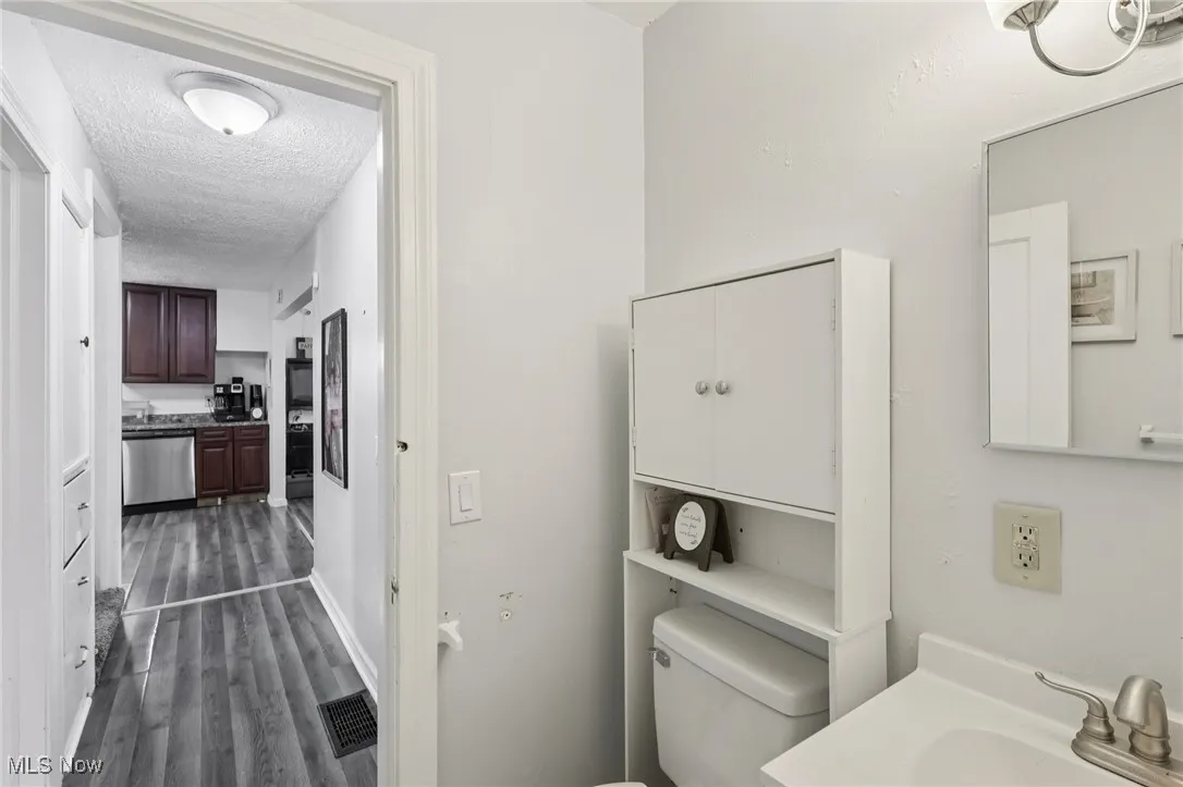 Bathroom featuring vanity, dark wood finished floors, and a textured ceiling