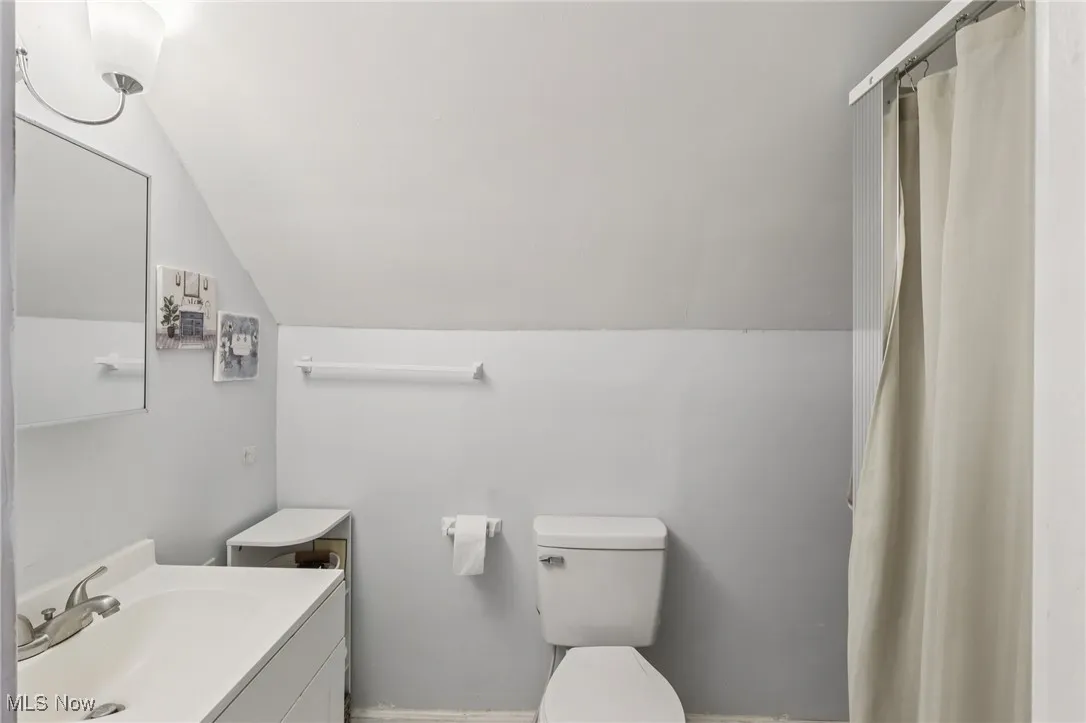 Full bath featuring vaulted ceiling, vanity, and curtained shower