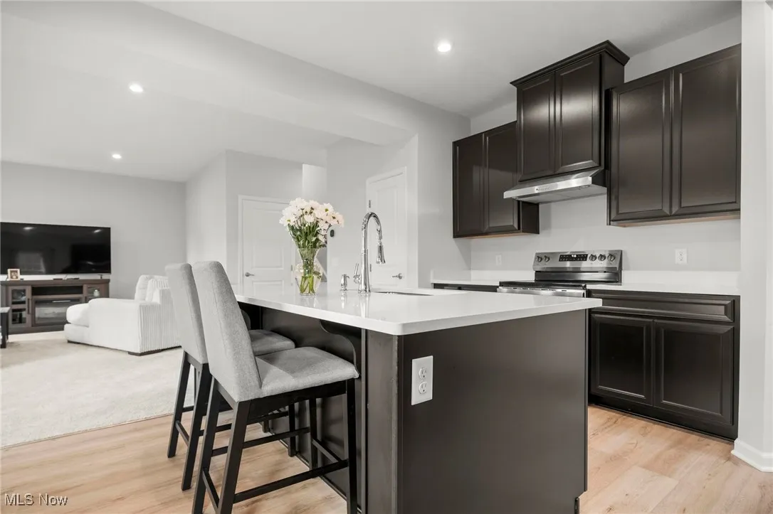 Kitchen featuring a breakfast bar area, dark cabinets, electric range, recessed lighting, and light wood-style flooring