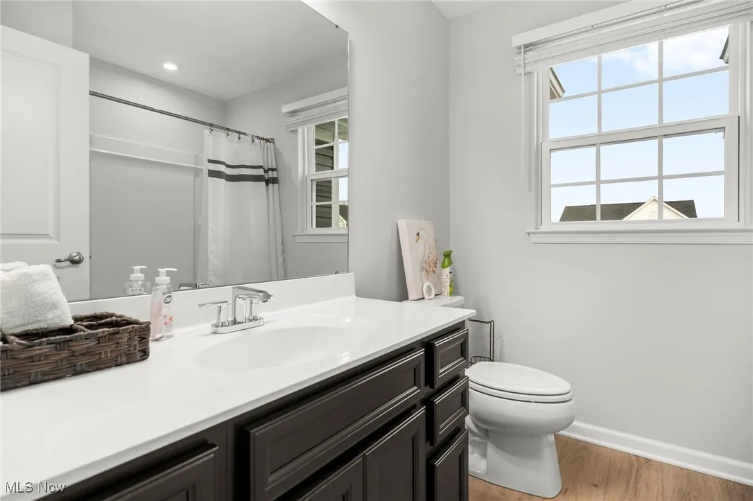 Bathroom featuring vanity, light wood-style flooring, and a shower with curtain