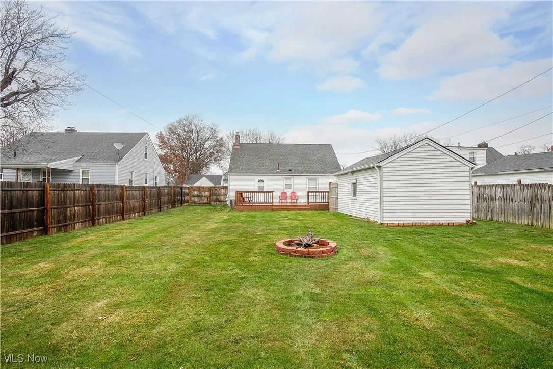 Fenced backyard featuring a wooden deck