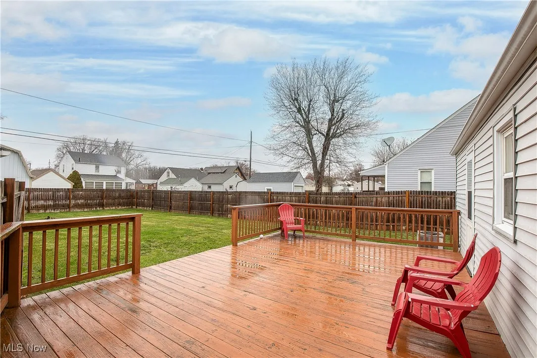 Wooden deck with a fenced backyard and a residential view