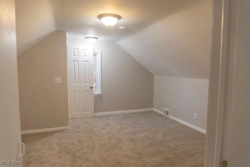 Additional living space featuring light colored carpet and lofted ceiling