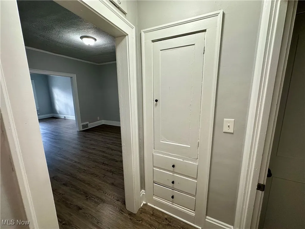 Hallway featuring a textured ceiling, dark wood-style flooring, and crown molding