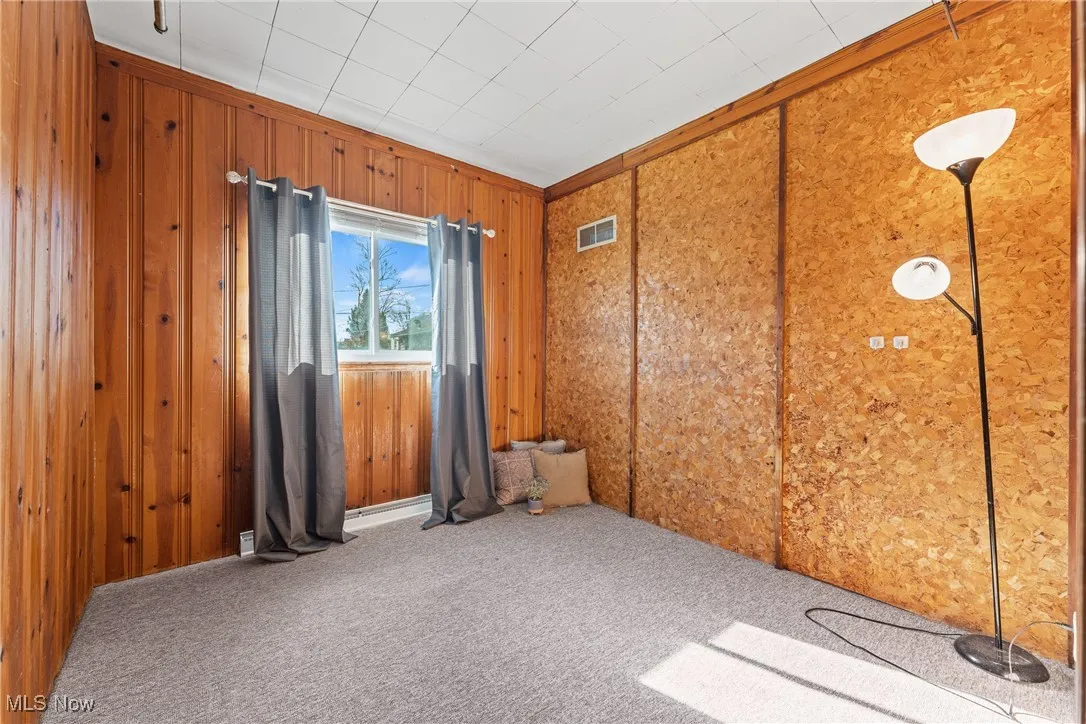 Spare room with carpet, wooden walls, and crown molding