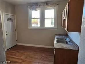 Kitchen with wood-style laminate flooring and sink