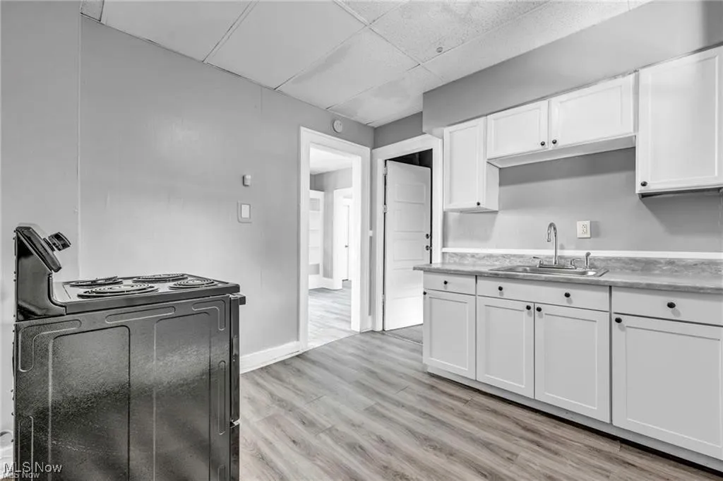 Kitchen with white cabinets, a drop ceiling, light hardwood / wood-style flooring, and sink