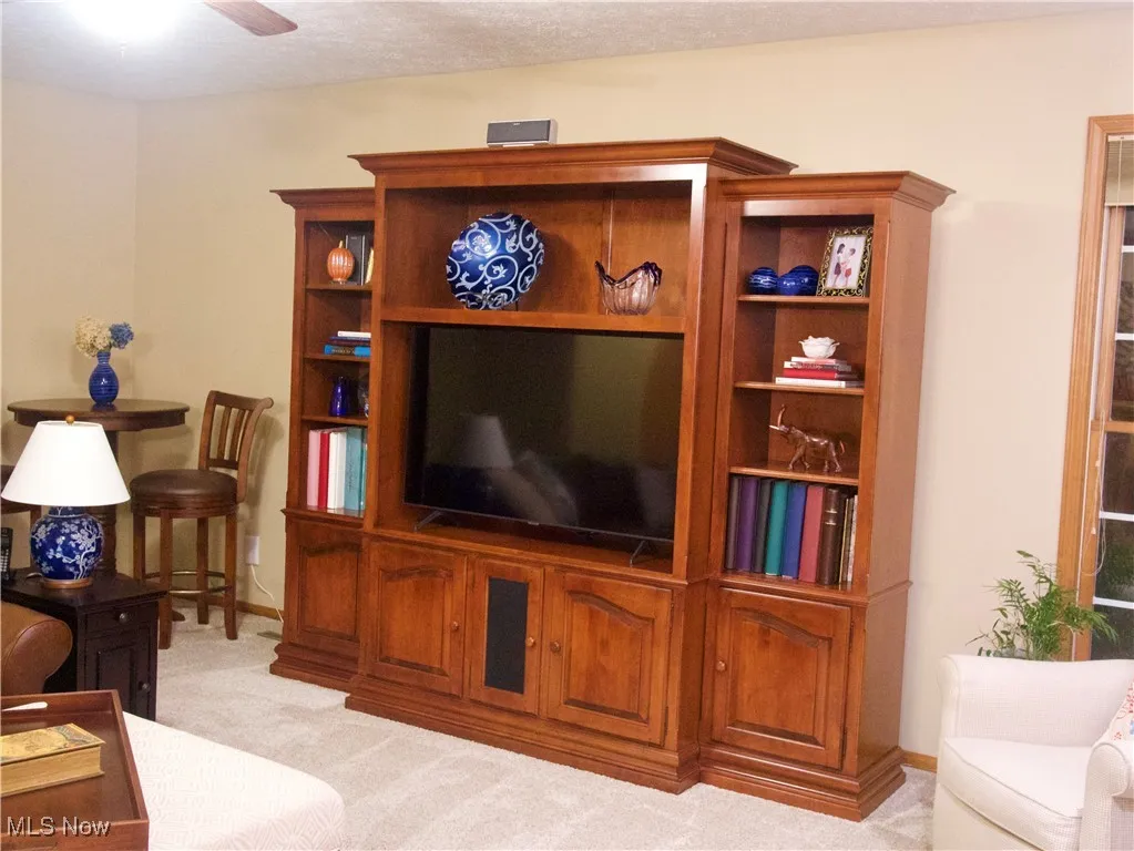 Living area featuring light colored carpet and a ceiling fan