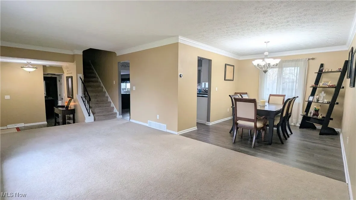 View of Spacious Open Living Room to the Foyer and Dining Room with Plenty of Natural Light, Modern Paint and Carpet