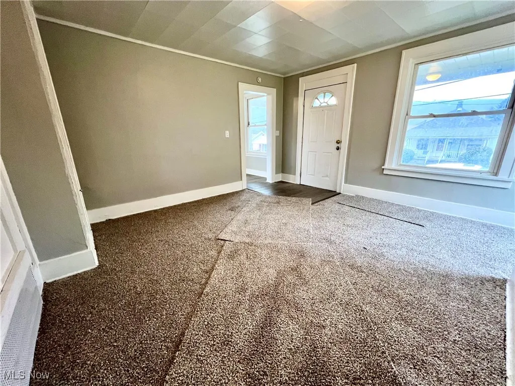 Foyer entrance featuring carpet flooring and ornamental molding