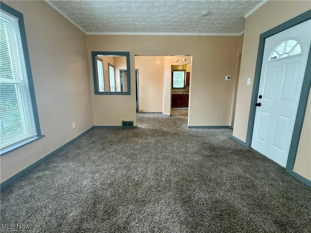 Front entry door into living room with carpet flooring