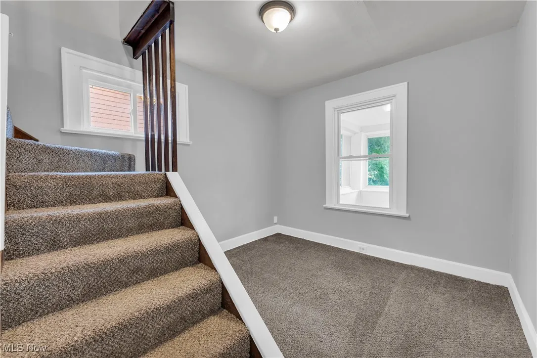 Stairs with baseboards and carpet floors