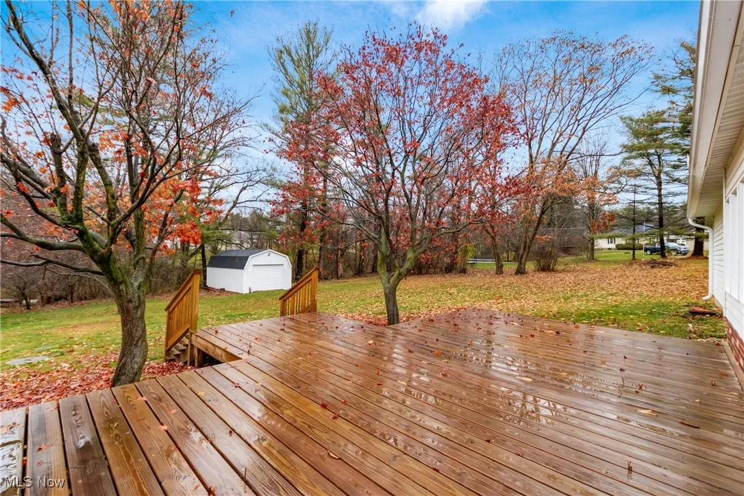 Wooden deck with a lawn and an outbuilding