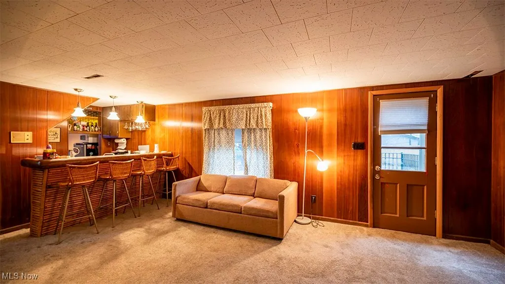 Carpeted living area featuring bar and wooden walls