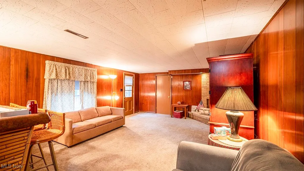Living room featuring wood walls and carpet floors