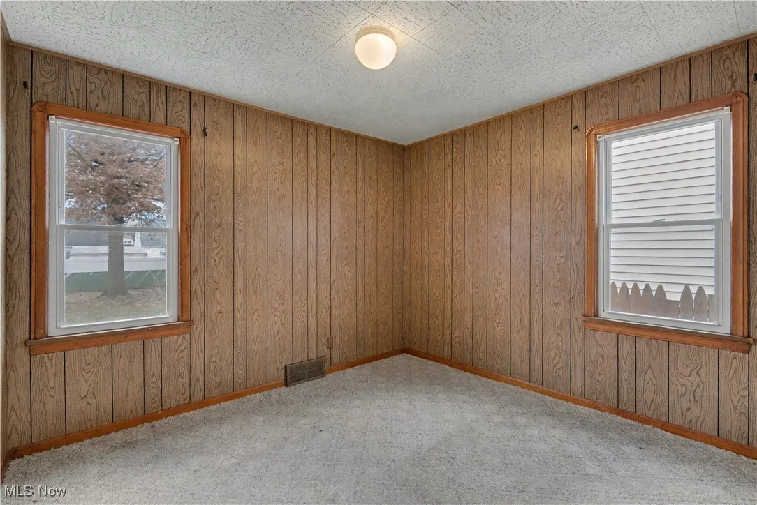 Unfurnished room featuring wooden walls and light colored carpet