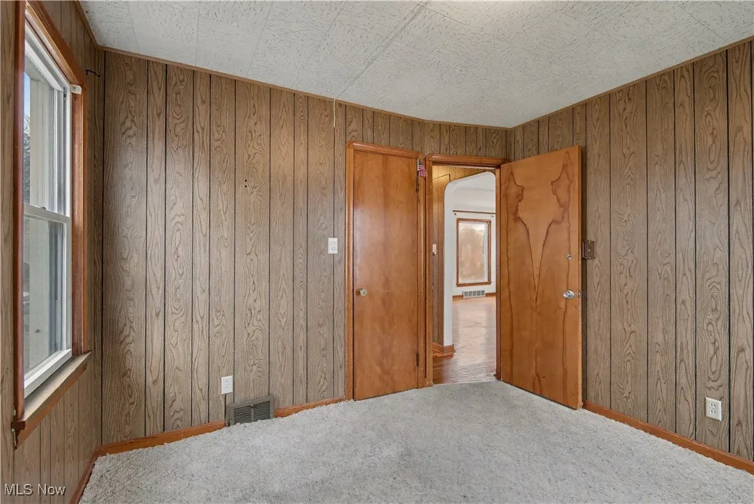 Carpeted spare room with wood walls