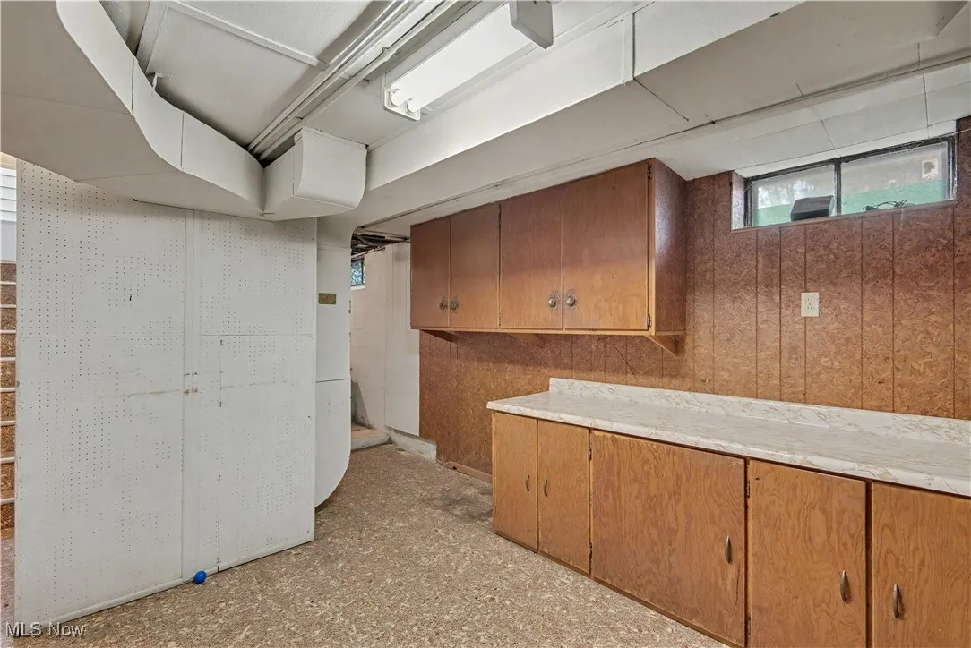Basement featuring wooden walls