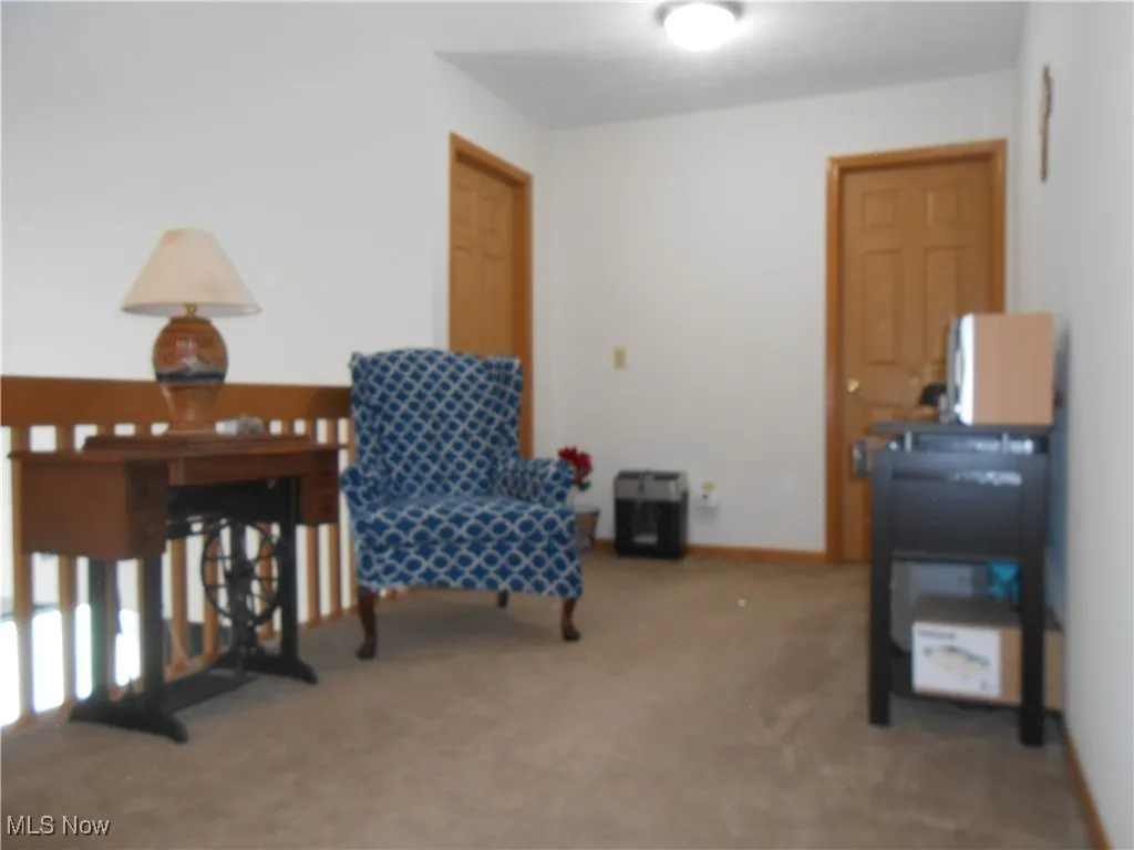 Sitting room with light colored carpet and baseboards