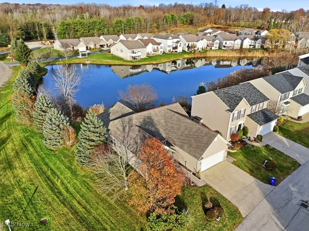 Aerial perspective of suburban area featuring a forest and a nearby body of water