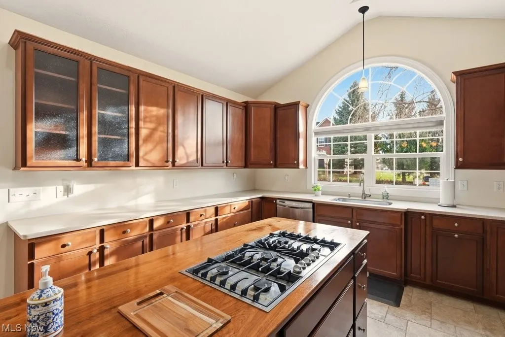 Kitchen featuring glass insert cabinets, appliances with stainless steel finishes, vaulted ceiling, hanging light fixtures, and brown cabinetry