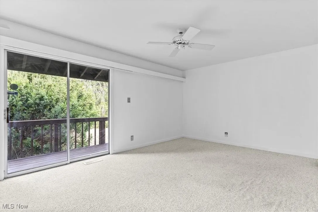 Spare room with light colored carpet and a ceiling fan