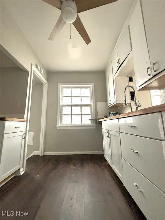 Kitchen featuring white cabinets, dark wood finished floors, a ceiling fan, and light countertops