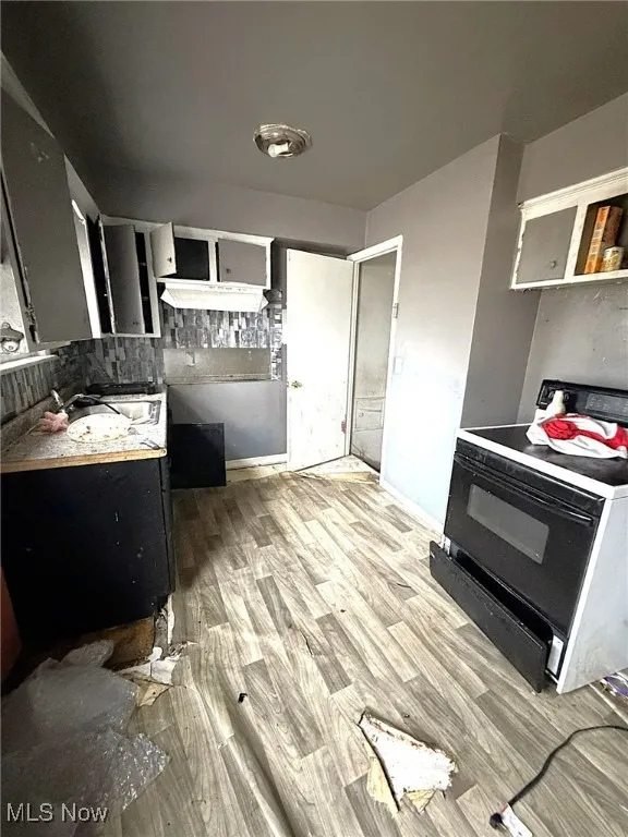Kitchen featuring black range with electric stovetop, light wood-type flooring, dark cabinetry, and light countertops