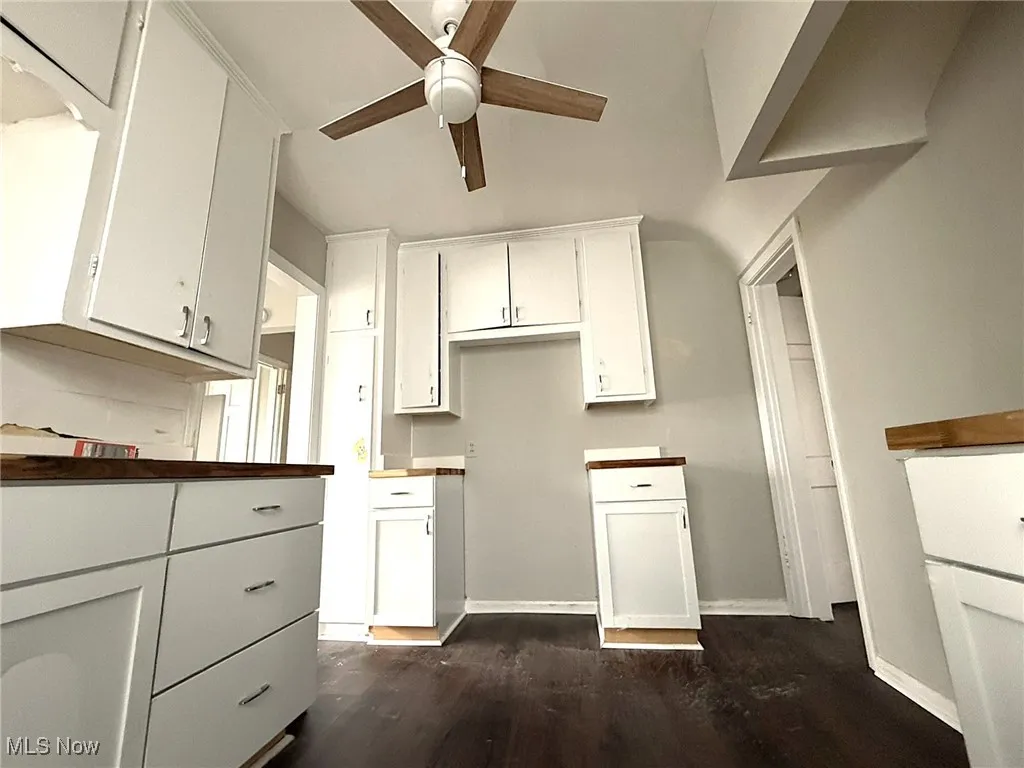 Kitchen featuring white cabinets, dark wood-style flooring, and ceiling fan